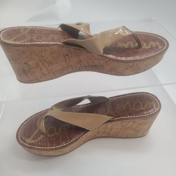 SAM EDELMAN 9.5 M ROMY Platform Flip Flop Sandals Beige Cork Wedge Womens - Picture 4 of 9